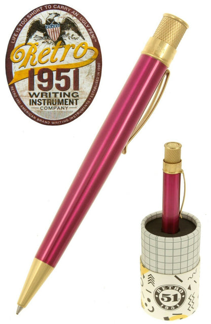 Retro 51 Pink Pen With Brass Trim Rollerballl New and Sealed
